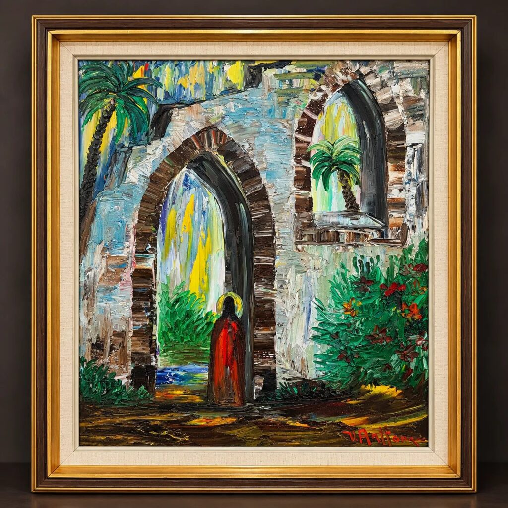 Vintage Veikko Aaltona oil on canvas painting Monk at the Arched Ruins c. 1950, heavy impasto artwork in a gilt wood and linen frame.