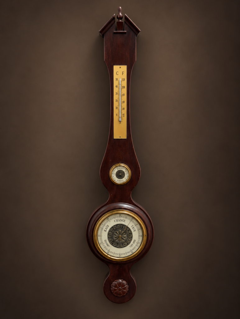 Vintage Swedish wooden banjo weather station c. 1960s, dark brown wall barometer with thermometer, hygrometer and brass-toned circular dials.