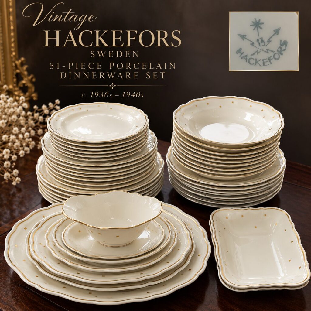 Antique Hackefors Sweden 51-piece ivory-white porcelain dinnerware set from the 1930s–1940s, featuring scalloped edges, delicate gold trim, plates, bowls and serving dishes.