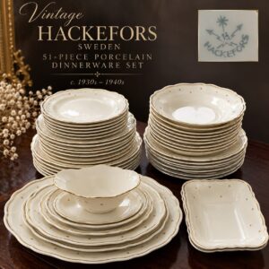 Antique Hackefors Sweden 51-piece ivory-white porcelain dinnerware set from the 1930s–1940s, featuring scalloped edges, delicate gold trim, plates, bowls and serving dishes.