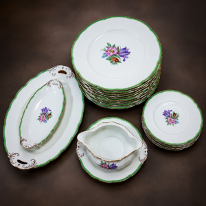 Antique Pirkenhammer Czechoslovakia “Avignon” Floral Porcelain Dinnerware Set – 17 Pieces, c. 1920s