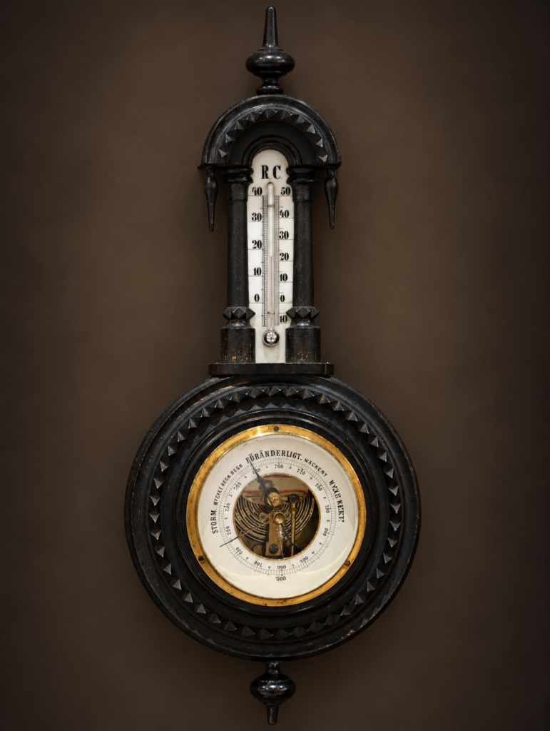 Antique Victorian ebonized wooden banjo barometer and thermometer, c. 1890–1900, featuring ornate carved detailing, brass-trimmed dial and Scandinavian weather inscriptions.