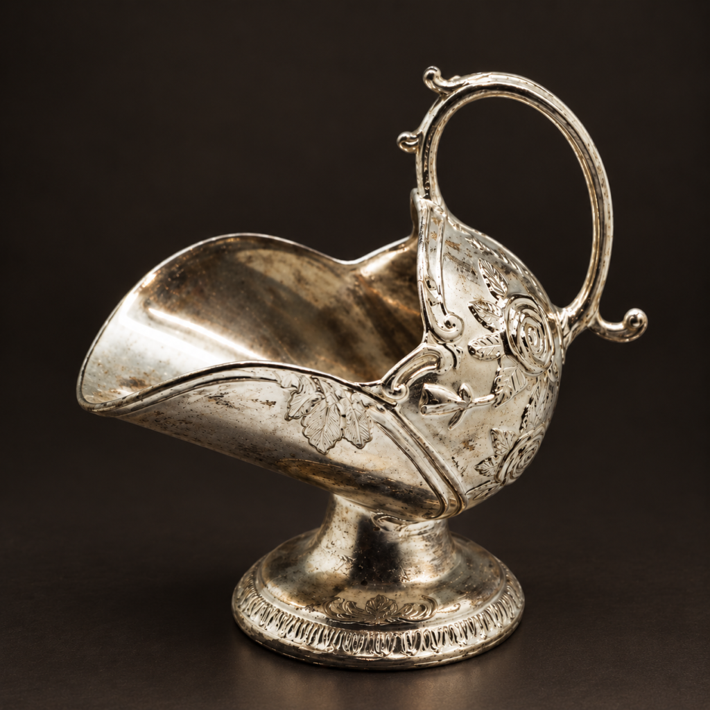 Antique Victorian silver-plated sugar scuttle with repoussé rose and floral decoration, arched handle and pedestal base, c. 1890s–1920s.