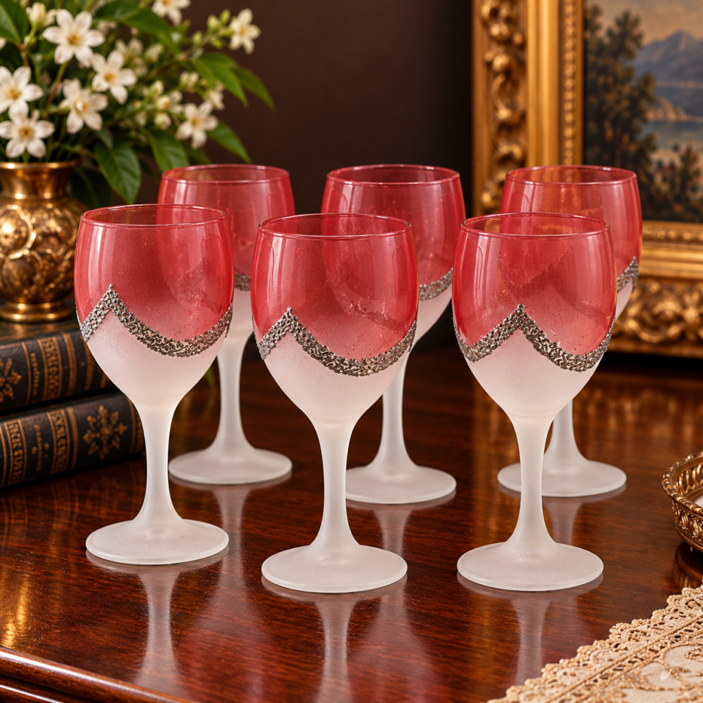 A beautiful full collection of six vintage 1990s wine goblets featuring translucent cranberry pink bowls, bordered by a textured metallic silver glitter chevron band over frosted ice glass stems and bases