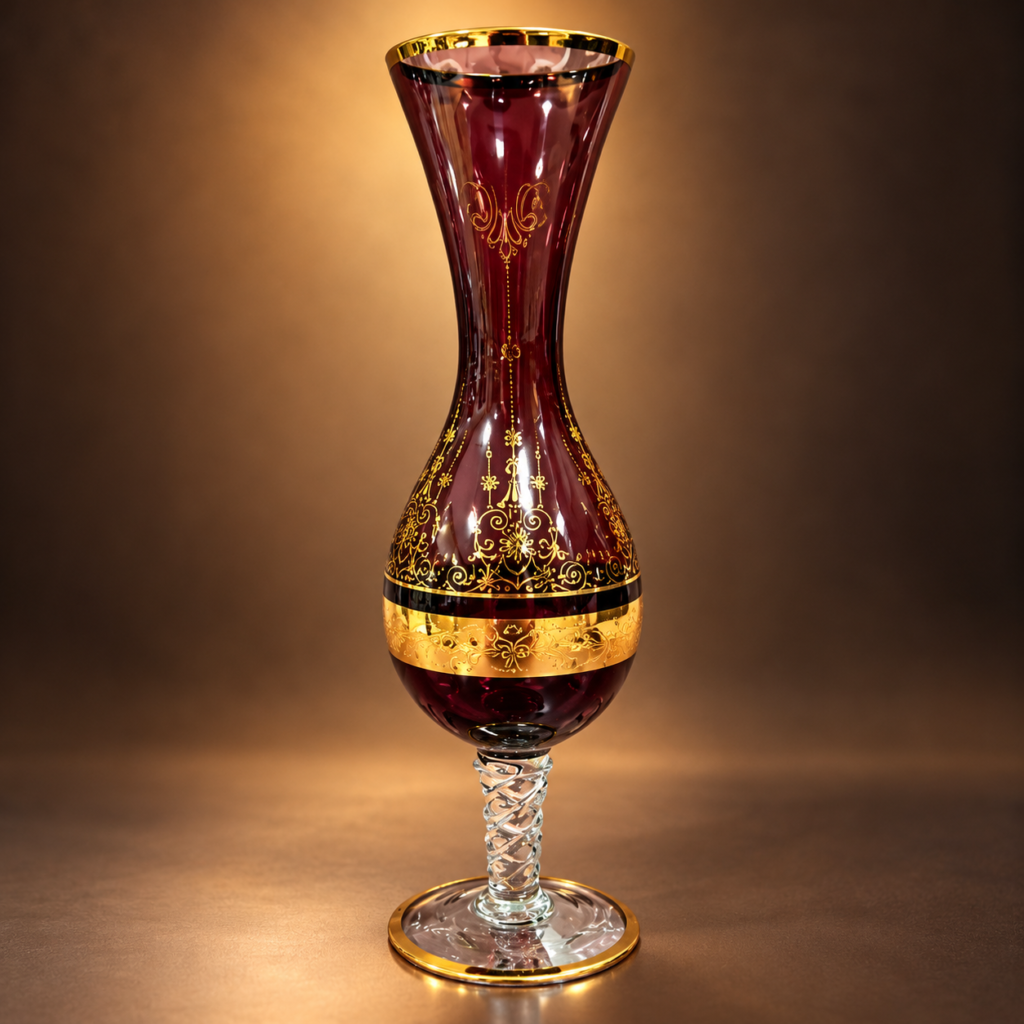 Vintage Bohemian ruby glass vase with ornate hand-painted gold floral detailing, flared rim, elegant twisted clear crystal stem, and circular glass base.