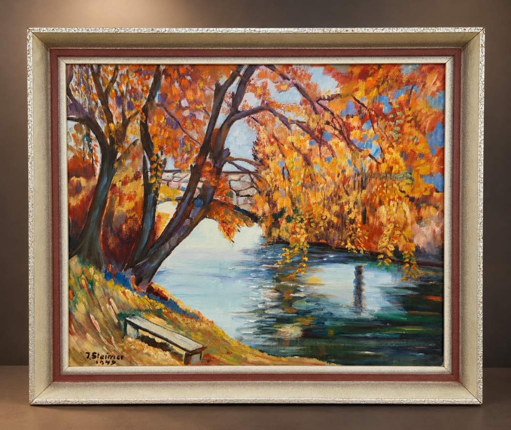 Original 1949 impressionist oil painting signed J. Steiner, depicting golden autumn trees beside a river and stone bridge, in a vintage decorative frame.