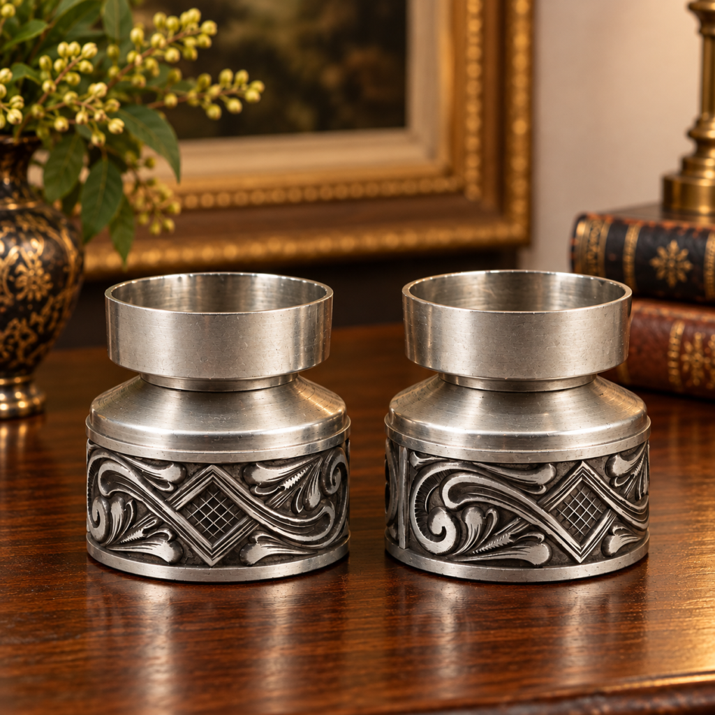 Pair of vintage Selandia Norway pewter candle holders from 1960, featuring acanthus scrollwork, geometric diamond patterns and contrasting silver-grey and dark pewter finishes.