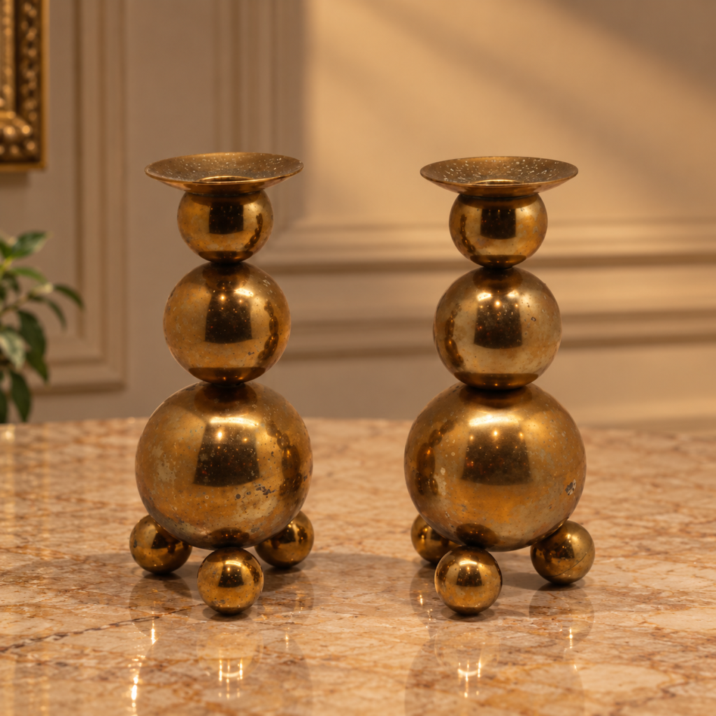 Pair of vintage Swedish Gusums Bruk No. 82 brass candlesticks with a geometric stacked-ball design and ball feet, c. 1960s.