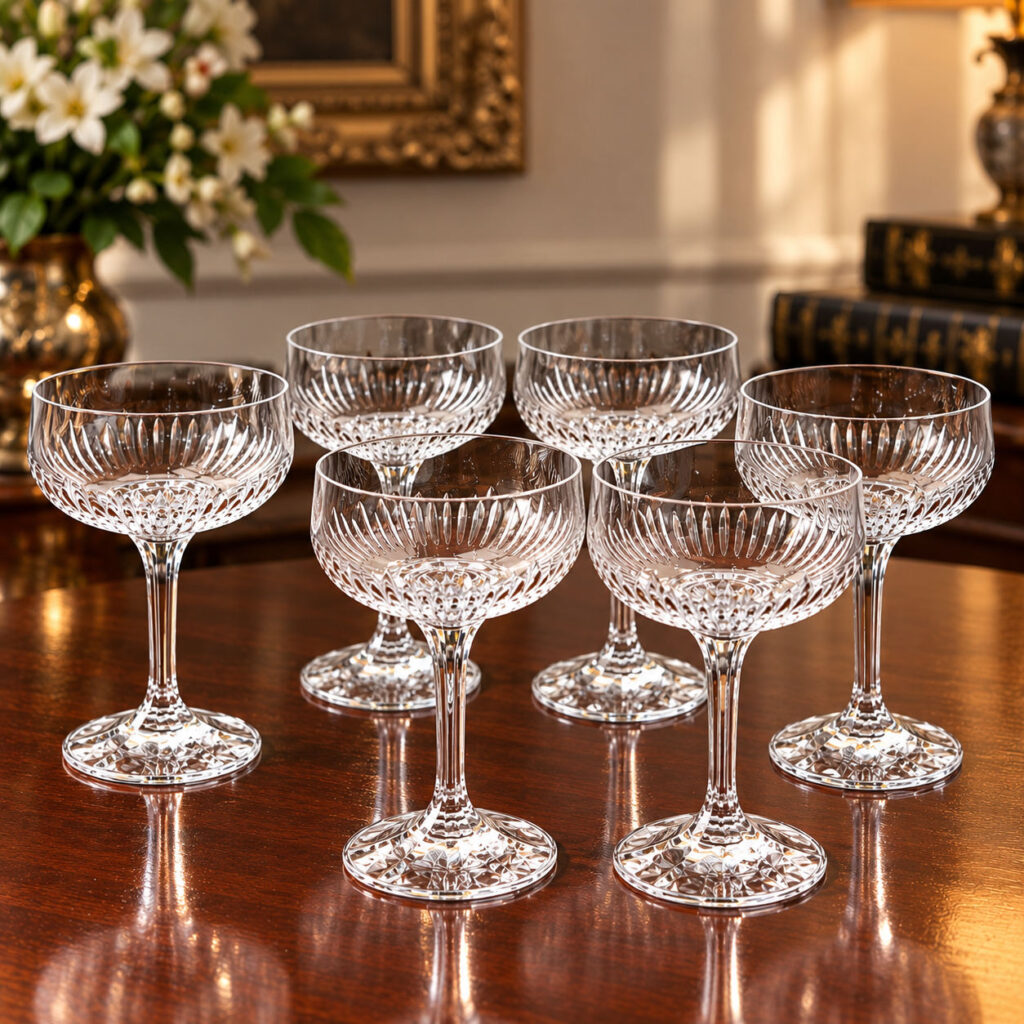 Vintage 1980s RCR Italy Opera crystal champagne coupes, complete set of six matching glasses with elegant faceted bowls, decorative stems and patterned bases.