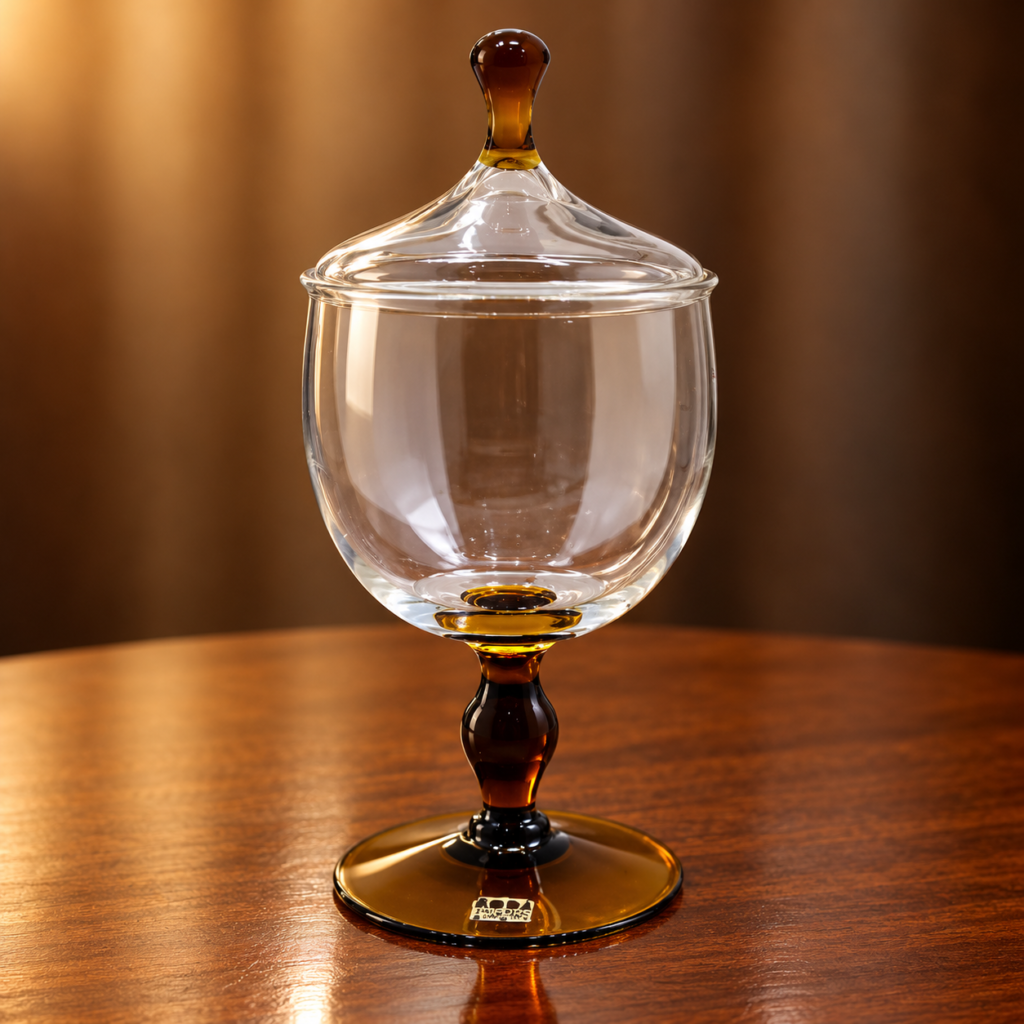 Antique 1920s Åfors Bruk Swedish glass bonbonnière with clear glass bowl, tawny amber stem and foot, and matching glass lid with amber finial.
