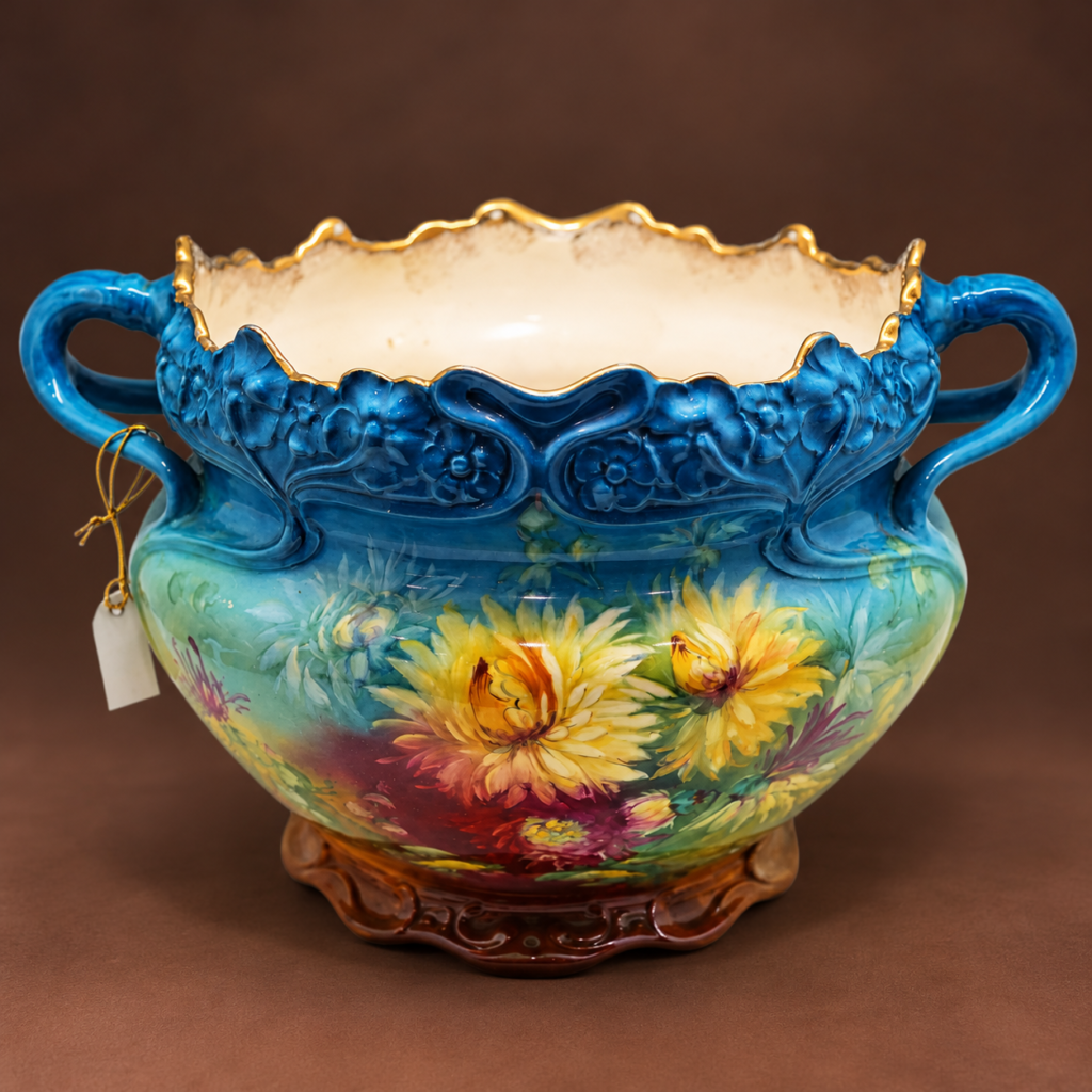 Antique Art Nouveau majolica ceramic jardinière c. 1900s with sea-blue glazed relief decoration, hand-painted yellow chrysanthemums, scalloped gilt rim and ornate double handles.