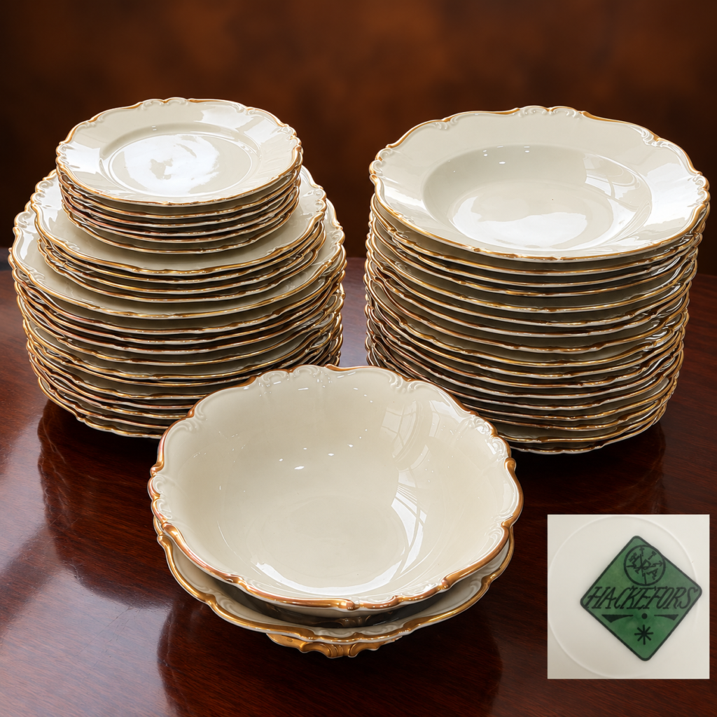 Antique 1930s Hackefors Sweden ivory porcelain dinner service with heavy gold-gilt scalloped rims, matching plates, serving bowls, platters, and elegant serving pieces.