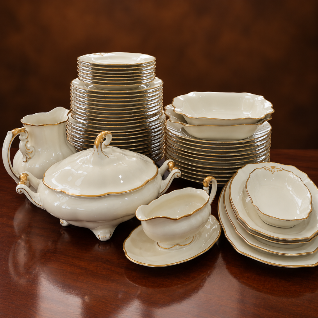 Antique 1930s Koenigszelt Germany Charlotte 54-piece ivory porcelain dinner service with gold-gilt scalloped rims, matching plates, serving bowls, covered tureen, and original manufacturer's backstamp.