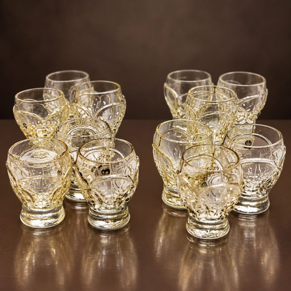 Set of 12 vintage 1960s Georgian-style thumbprint pressed glass punch cups with decorative raised patterns and heavy pedestal bases.