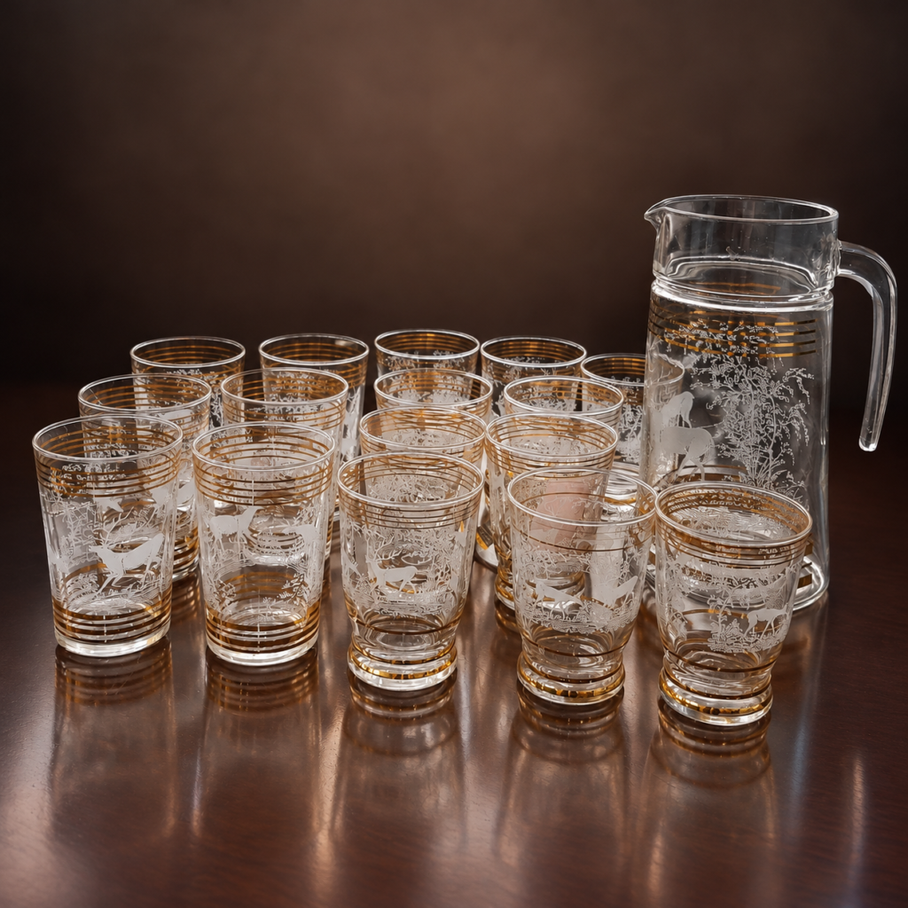 Vintage 1960s frosted deer-and-forest glassware set with gold-trimmed drinking glasses and a matching glass pitcher featuring woodland scenes.