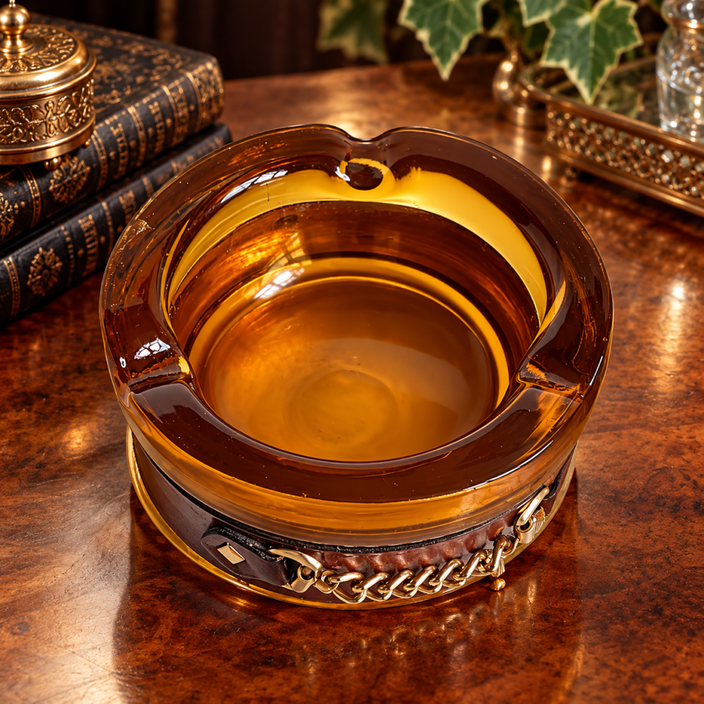 Vintage 1970s heavy amber glass ashtray with deep circular bowl, equestrian-inspired leather band and decorative gold-tone chain, 15 cm diameter.