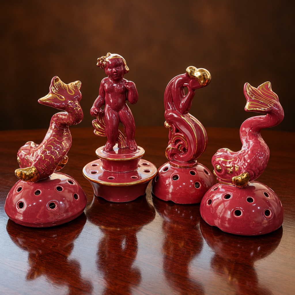 Set of four vintage 1940s Swedish Gefle Röd Rubin ceramic flower frogs attributed to Arthur Percy, featuring ruby-red glazed sculptural designs with gold-gilt accents and pierced flower-arranging bases.
