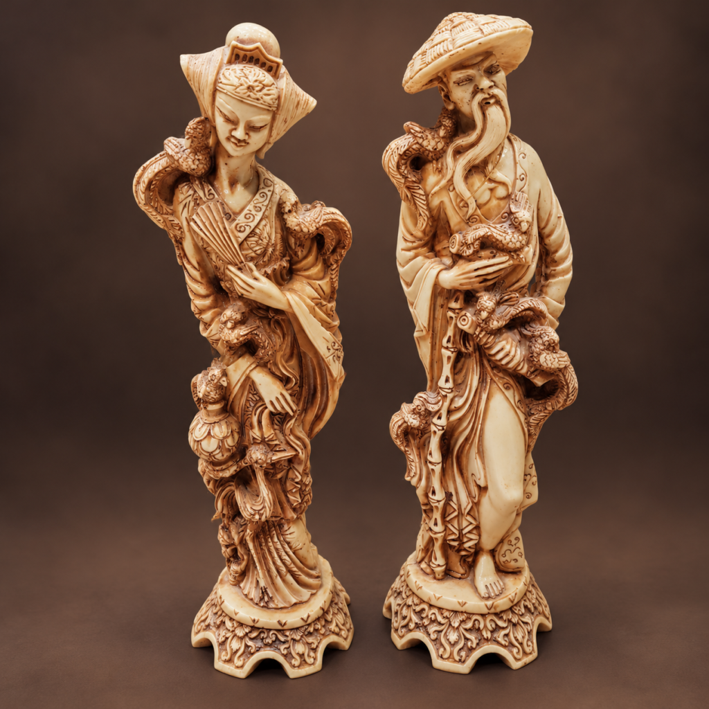 Pair of vintage 1970s Chinese faux ivory resin figurines depicting an ornate male scholar and female figure, with detailed traditional robes and carved decorative pedestals.