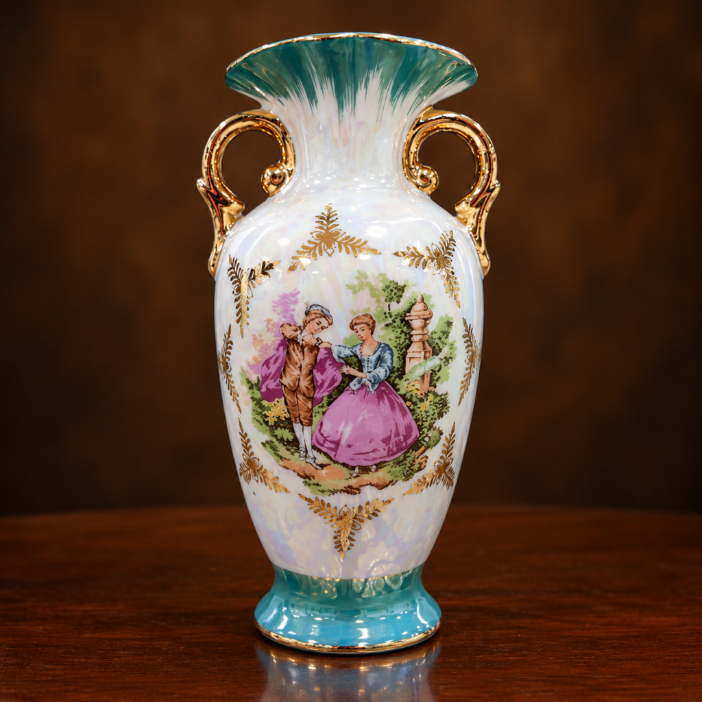 Vintage 1970s pearlescent porcelain vase with Fragonard-style romantic courting scene, ornate gold-gilt handles, turquoise-green flared rim and decorative gilded floral details.