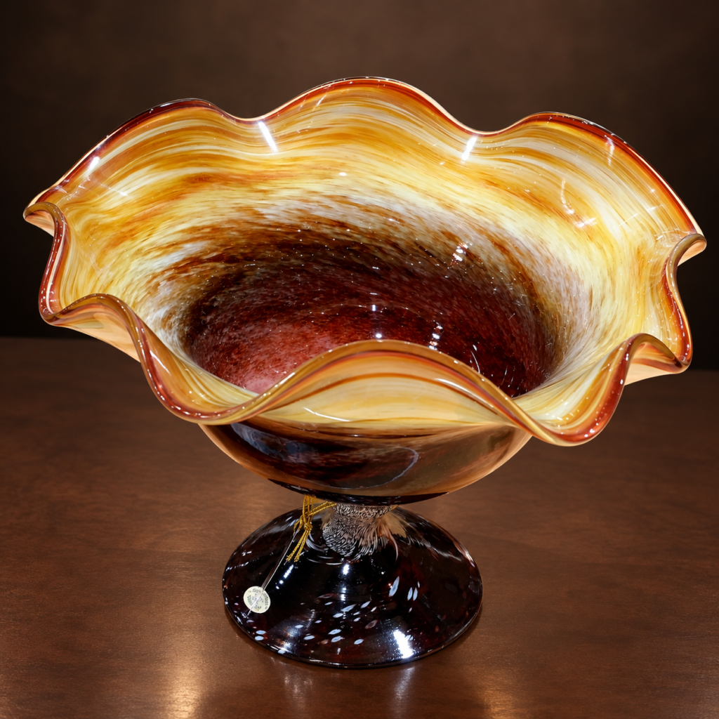 Vintage 1970s Gullaskruf Sweden hand-blown art glass centerpiece bowl with amber and cream swirls, ruffled Fazzoletto rim and dark pedestal base.