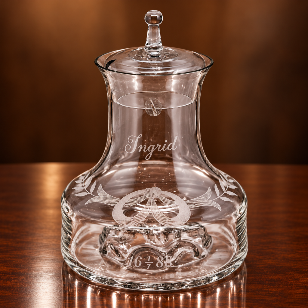 Vintage 1970s clear glass bedside water carafe and tumbler drinking glass set, hand-etched with the name Ingrid, floral decorations, and anniversary motifs.
