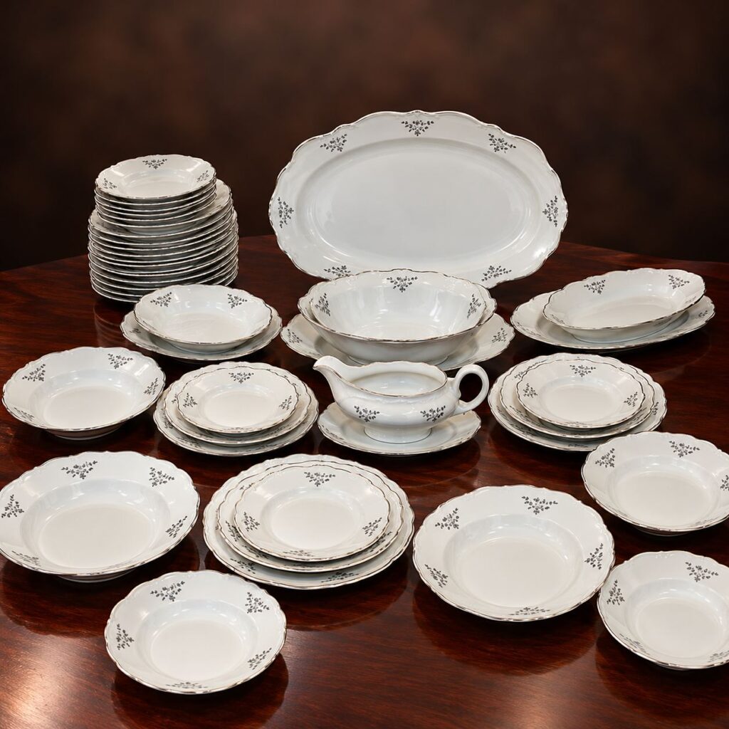 Vintage Karlskrona Upsala-Ekeby Sweden 56-piece white porcelain dinner service with grey floral sprig decorations, silver-gilt scalloped rims, matching plates, bowls, serving dishes, and KP Crown Anchor mark.
