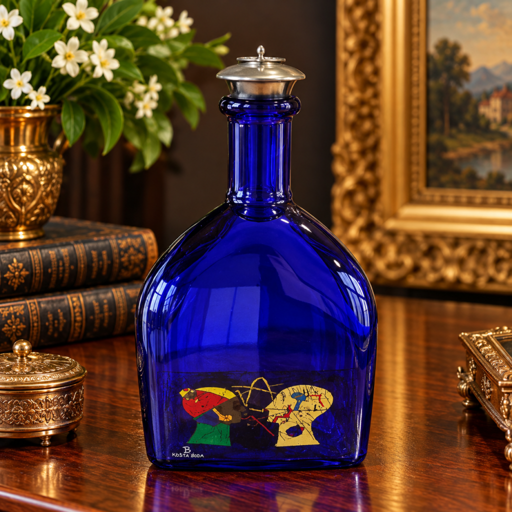 Vintage Kosta Boda cobalt-blue glass decanter attributed to Bertil Vallien, featuring colourful abstract faces, flattened body and pewter stopper, c. 1980s.