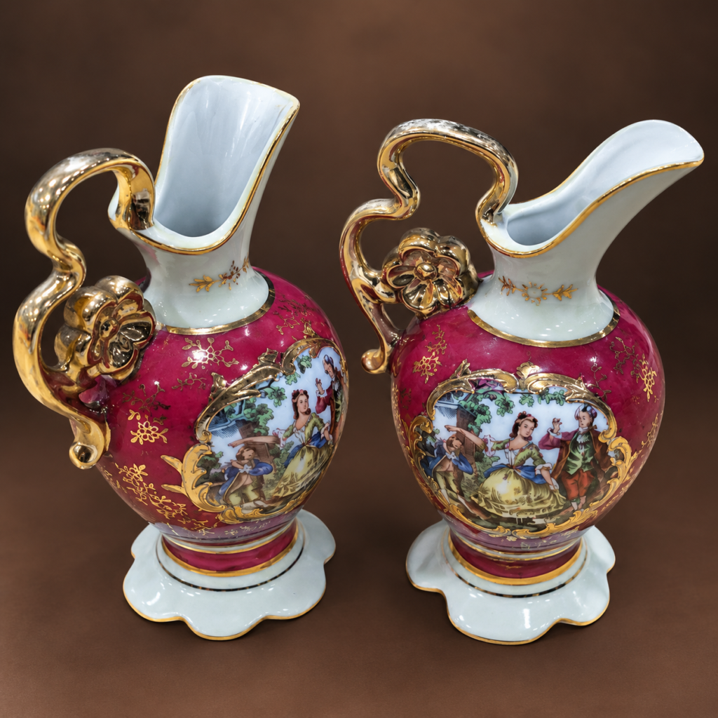 Pair of vintage 1970s Limoges-style burgundy porcelain ewers with ornate gold-gilt handles, pale blue spouts, and romantic courting couple medallions.