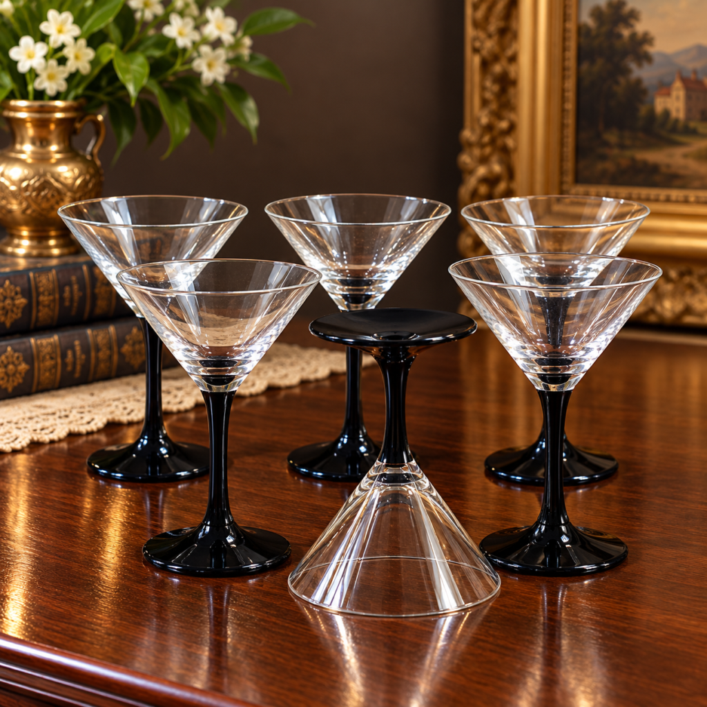 Set of six vintage 1970s Luminarc Domino-style martini glasses with clear flared cocktail bowls, black stems, and black circular bases.