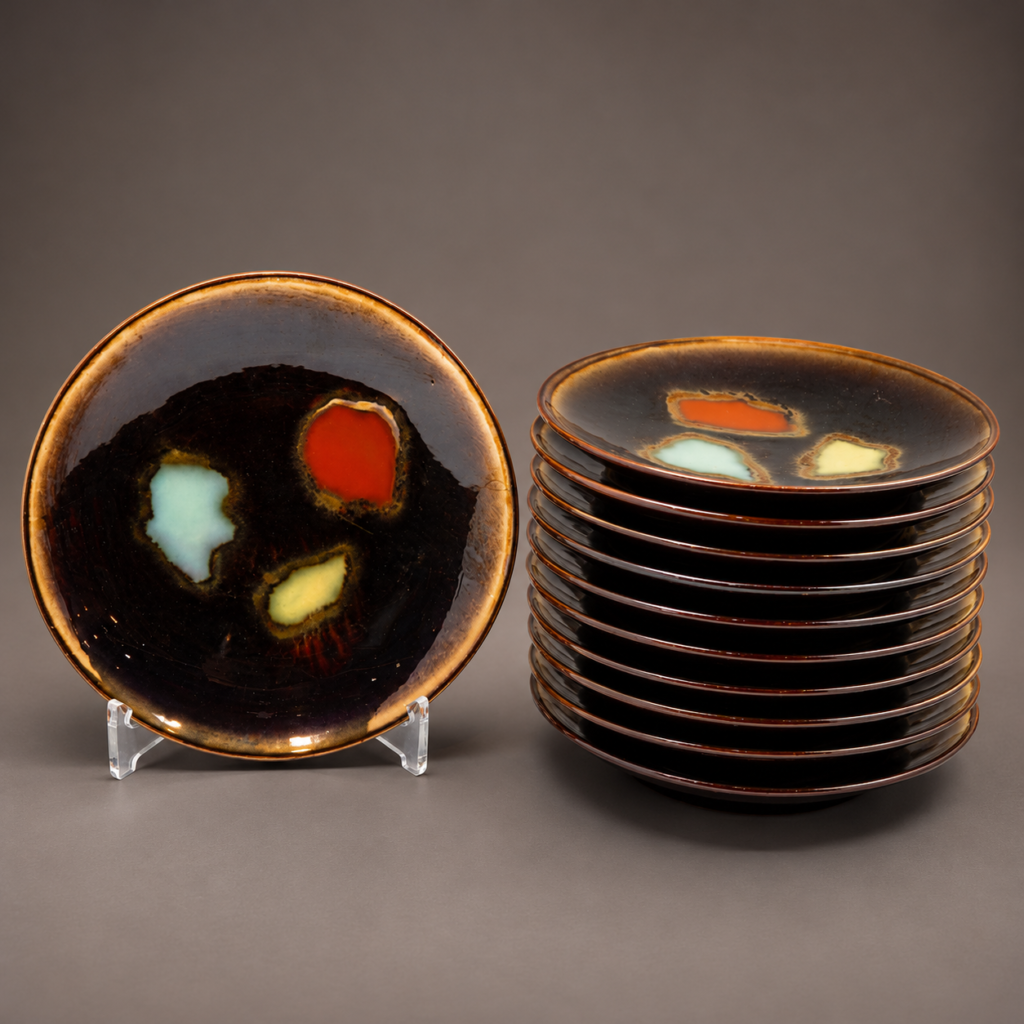 Vintage 1950s Mid-Century Modern studio pottery plates, set of 11, featuring glossy ebony-black glaze with abstract red, turquoise, and yellow accents and brown rims.