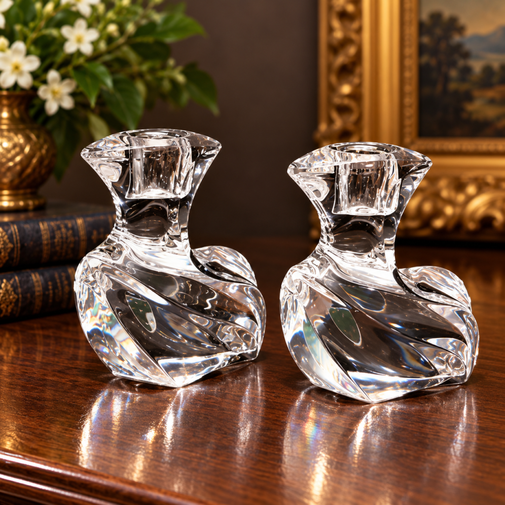 Pair of vintage 1970s Orrefors Sweden Residence clear crystal candlestick holders designed by Olle Alberius, featuring sculptural swirling forms.
