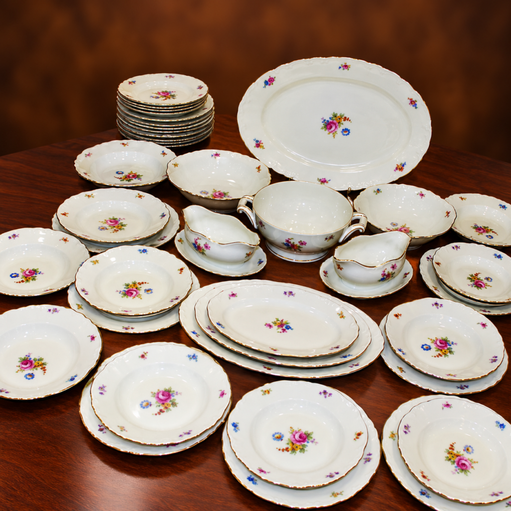 Vintage 1954 Porsgrund Norway porcelain dinner service featuring multicolored floral bouquets, gold-gilt scalloped rims, matching plates, serving bowls, and platters with PP anchor manufacturer's mark.