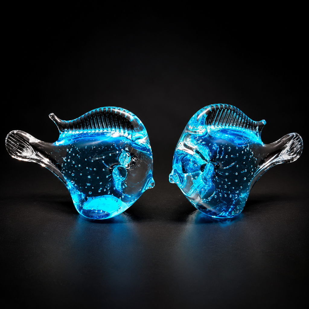 Pair of vintage 1970s Ronneby Swedish mouth-blown art glass fish sculptures featuring decorative controlled air bubbles and Scandinavian Mid-Century design.