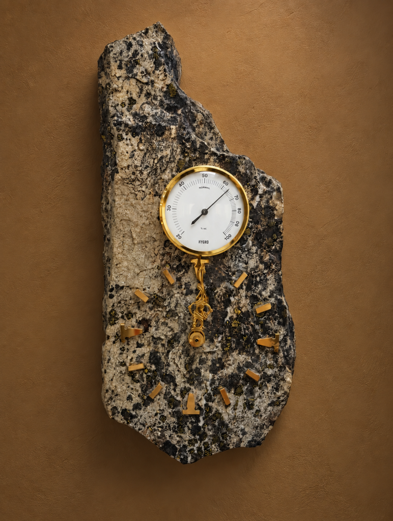 Vintage 1970s granite rock wall clock and hygrometer station featuring a natural irregular stone slab, brass-toned hour markers, decorative pendulum detail and circular humidity gauge.