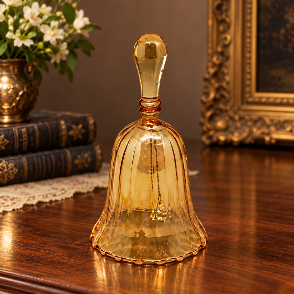 Vintage honey amber glass hand bell with elongated handle, vertical ribbed design, and scalloped base, c. 1950s