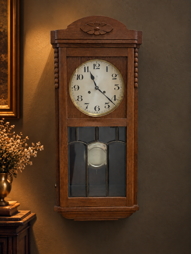 Vintage German Art Deco oak wood pendulum wall clock, c. 1930s, featuring a cream Arabic numeral dial, carved wooden case, geometric glazed door and visible pendulum.