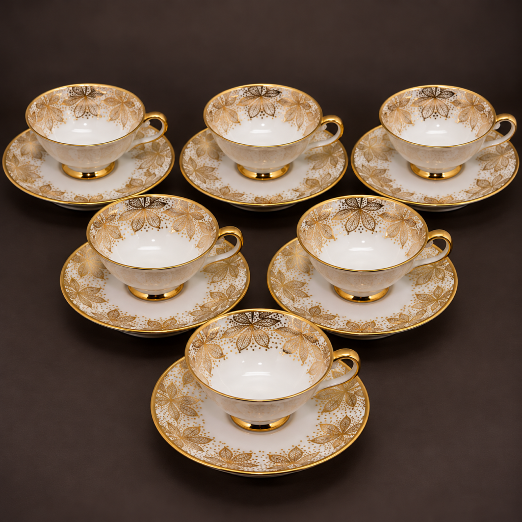 Vintage Bareuther Waldsassen Bavaria 101 porcelain tea set with six white and gold floral teacups and six matching gilded saucers, c. 1950s.