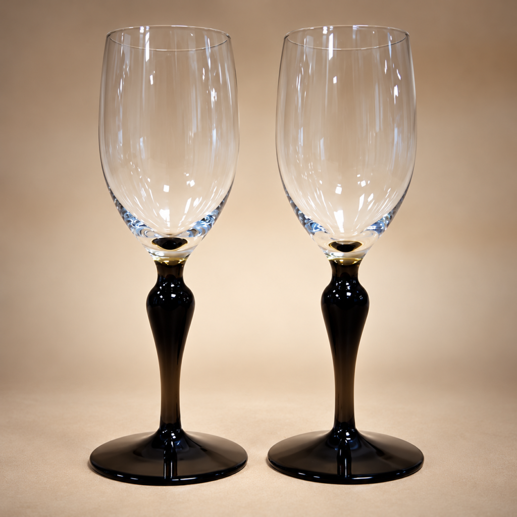 A pair of vintage 1980s crystal wine goblets featuring clear tulip-shaped bowls, glossy black stems, and matching dark bases.