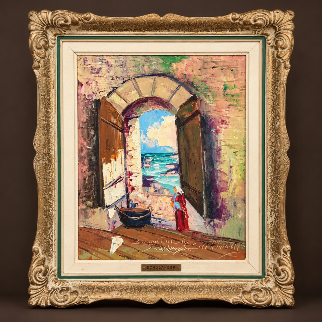Vintage signed Charles Schölander oil painting depicting an open stone doorway overlooking the turquoise sea, with textured impasto brushwork and an ornate gilt frame, 67 × 56 cm.