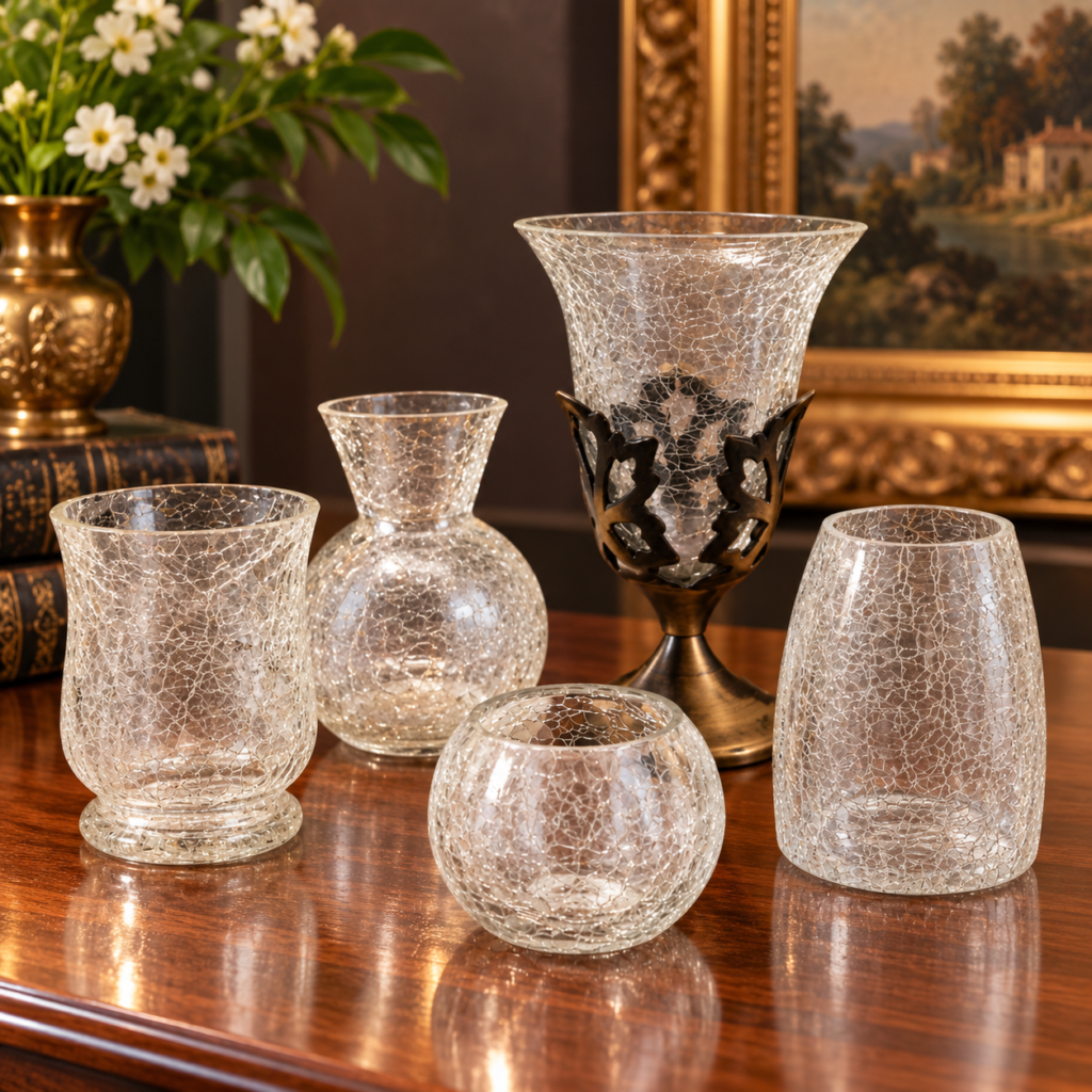 Collection of five vintage clear crackle glass decorative vases and candle holders, including a tall glass vessel on an ornate bronze-toned metal stand.