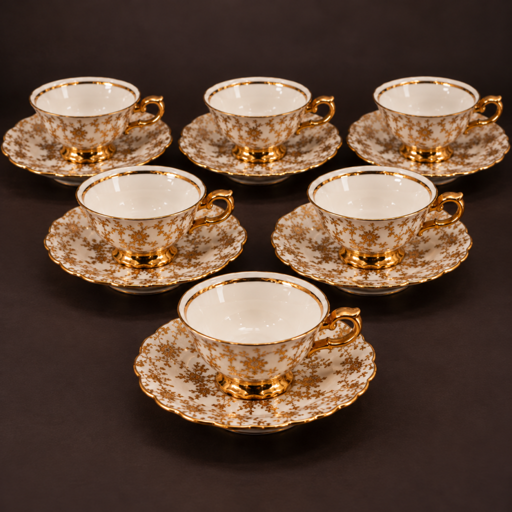 Vintage Crown Bavaria Germany white porcelain teacups and saucers with ornate gold floral decoration, gilded handles, scalloped edges and manufacturer's backstamp.