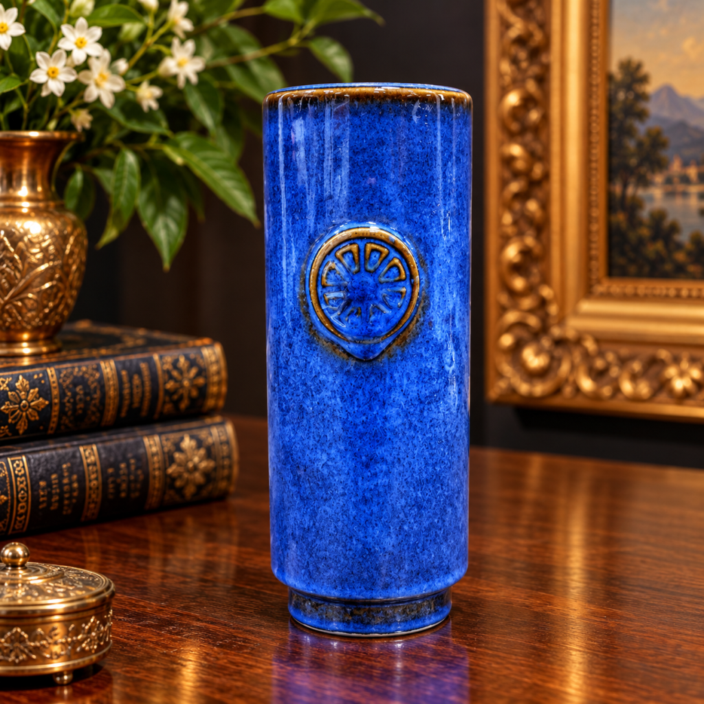 A high-end vintage Scandinavian art pottery cylinder vase showcasing a rich luminous blue and brown glaze technique that creates an aurora effect, carrying the official artist mark on the base.