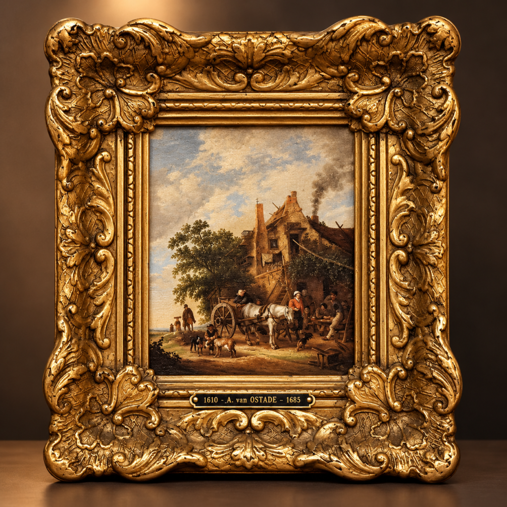 Vintage reproduction print of a Dutch Golden Age country inn scene attributed to Isaac van Ostade, featuring a horse-drawn carriage in an ornate gilded Baroque frame with an artist nameplate.