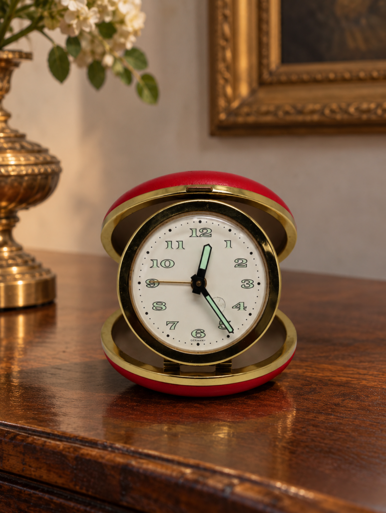 Vintage Europa Germany Mechanical Travel Alarm Clock – Red Clam Shell Case with Brass Trim c. 1960s
