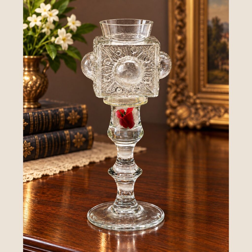 Vintage clear art glass candle holder with geometric square body, raised circular decorations, red floral detail inside the stem, and round pedestal base.