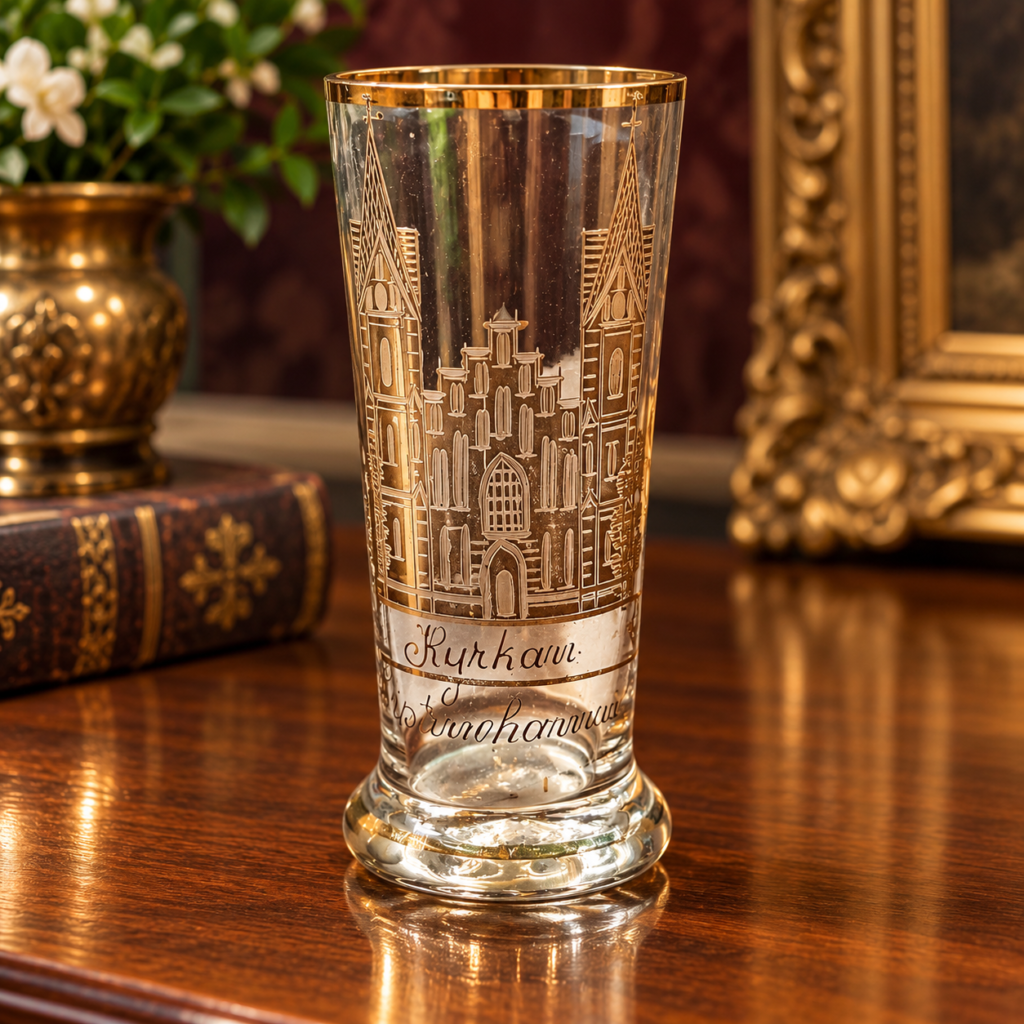 Vintage European clear glass souvenir tumbler with engraved Gothic-style architecture, decorative inscription, gold rim, and thick rounded base.