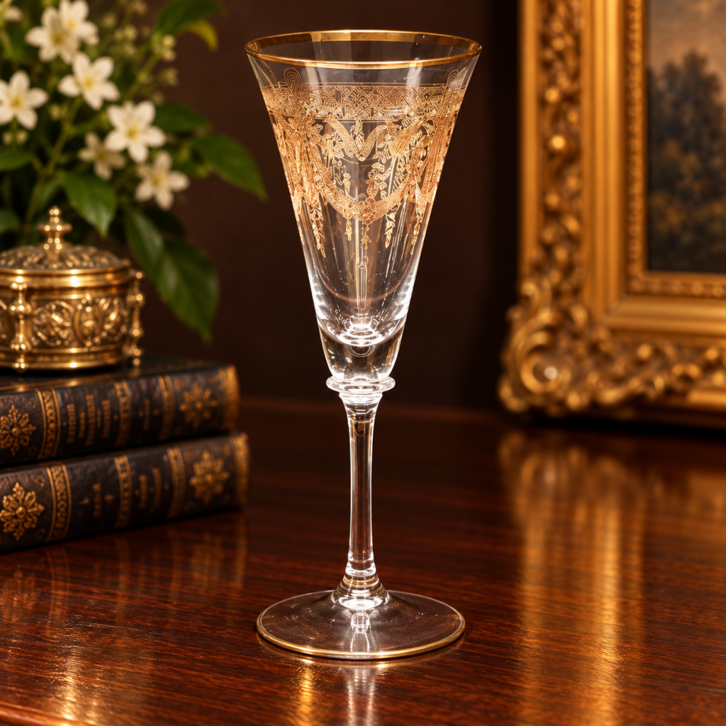 Vintage clear stemmed glass goblet with flared bowl, intricate gold floral decoration, gold-trimmed rim, and slender stem with circular base.