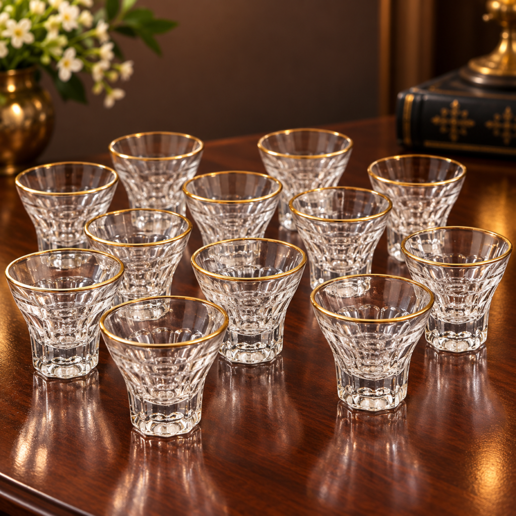Set of 13 vintage European clear pressed-glass liqueur glasses with gold rims, geometric patterns, and heavy faceted bases, c. 1960s