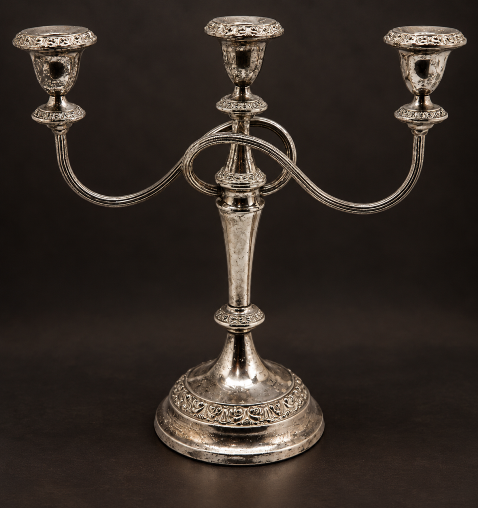 Vintage Ianthe British silver-plated three-light candelabra with elegant loop arms, repoussé rose borders and pedestal base, c. 1950s.
