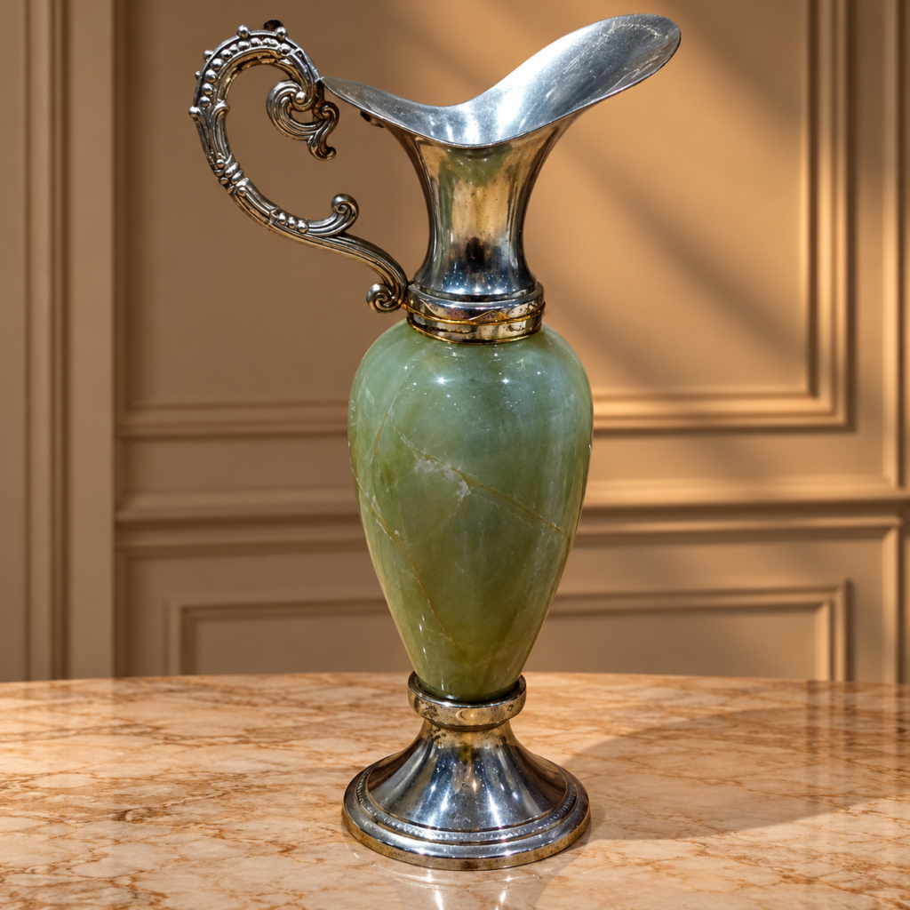 Large vintage Italian green onyx decorative ewer with ornate silver-tone curved handle, wide flared rim and pedestal base, c. 1960s.